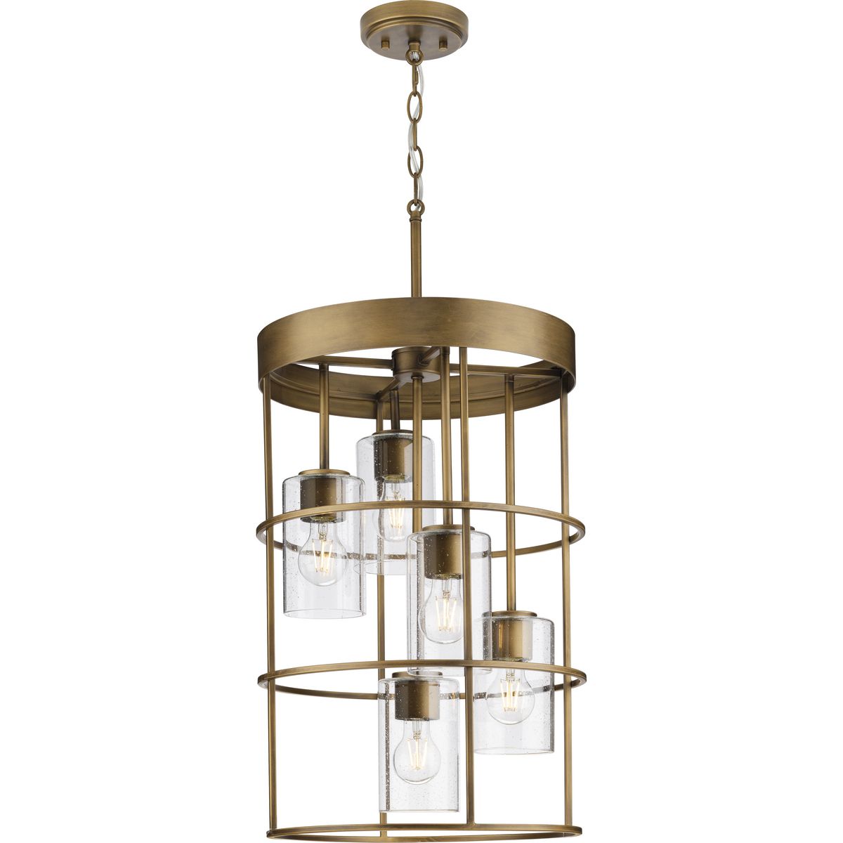 Progress Lighting Burgess 5-Light Aged Bronze Rustic Seeded Glass Cylinder Medium Hanging Pendant Light