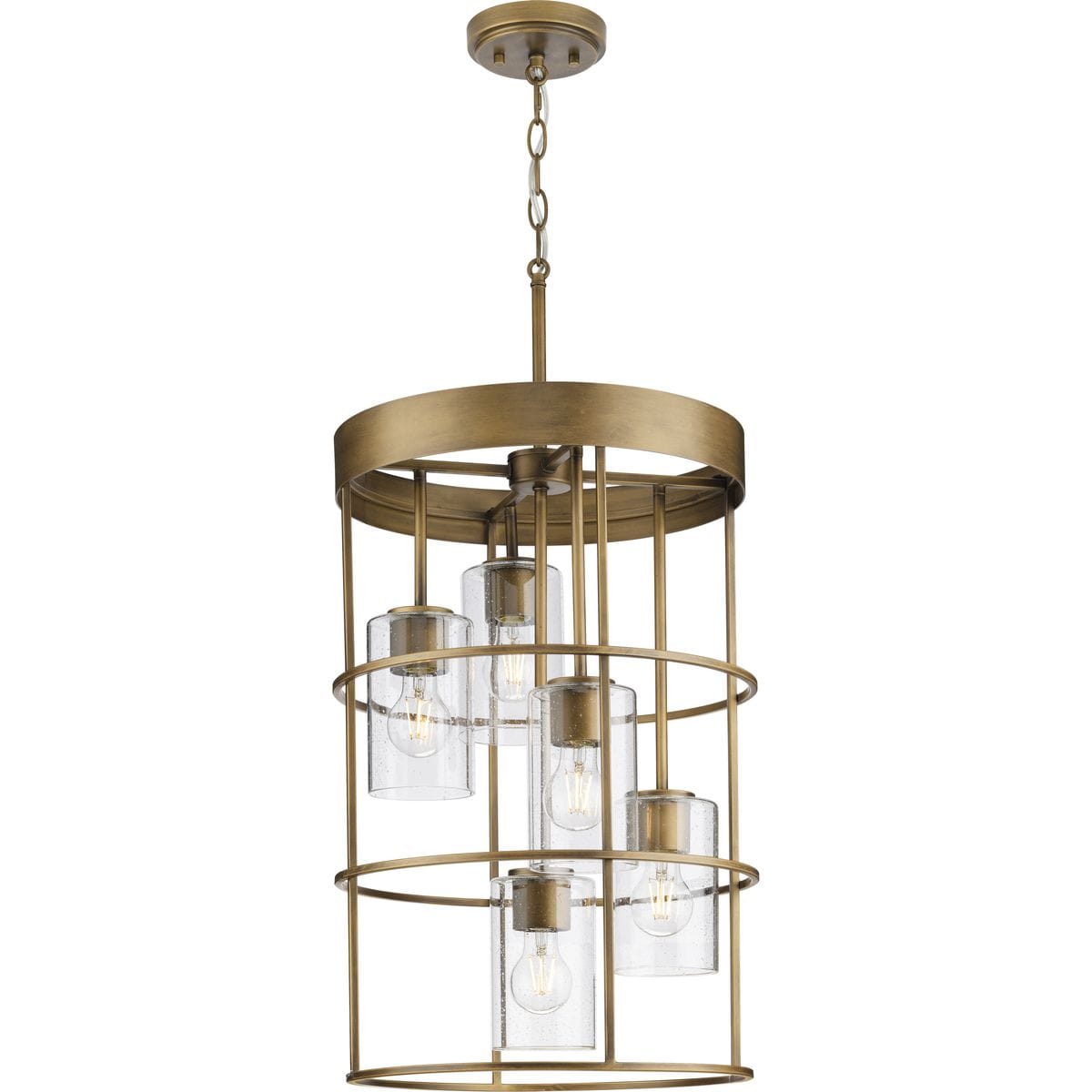 Progress Lighting Burgess 5-Light Aged Bronze Rustic Seeded Glass Cylinder Medium Hanging Pendant Light