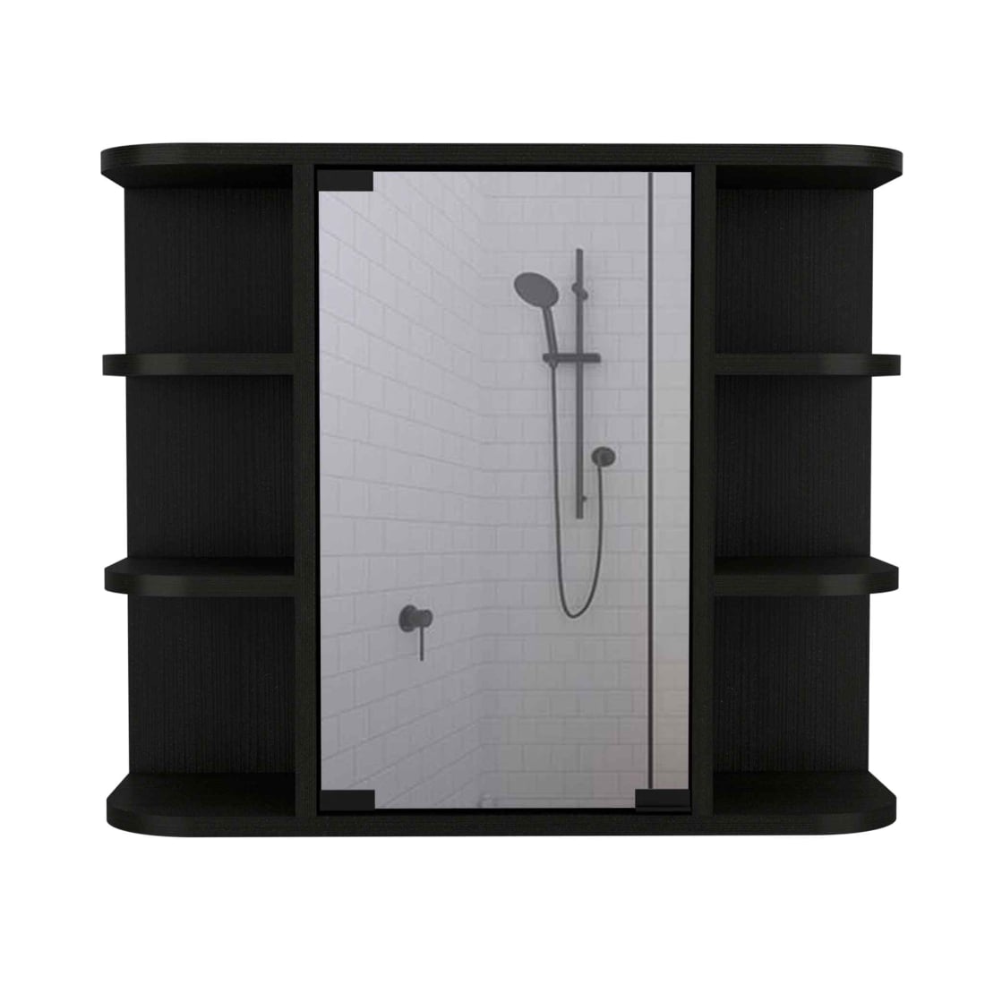 HomeRoots 24 inch Black Wall Mounted Mirrored Cabinet With Four Shelves