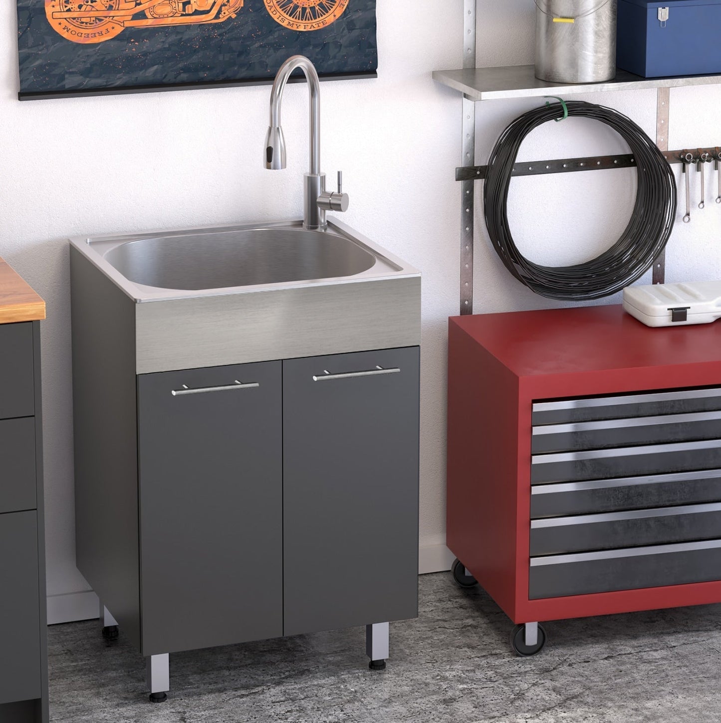 RuggedTub Charcoal Freestanding Utility Tub with Cabinet, Drain, and Faucet