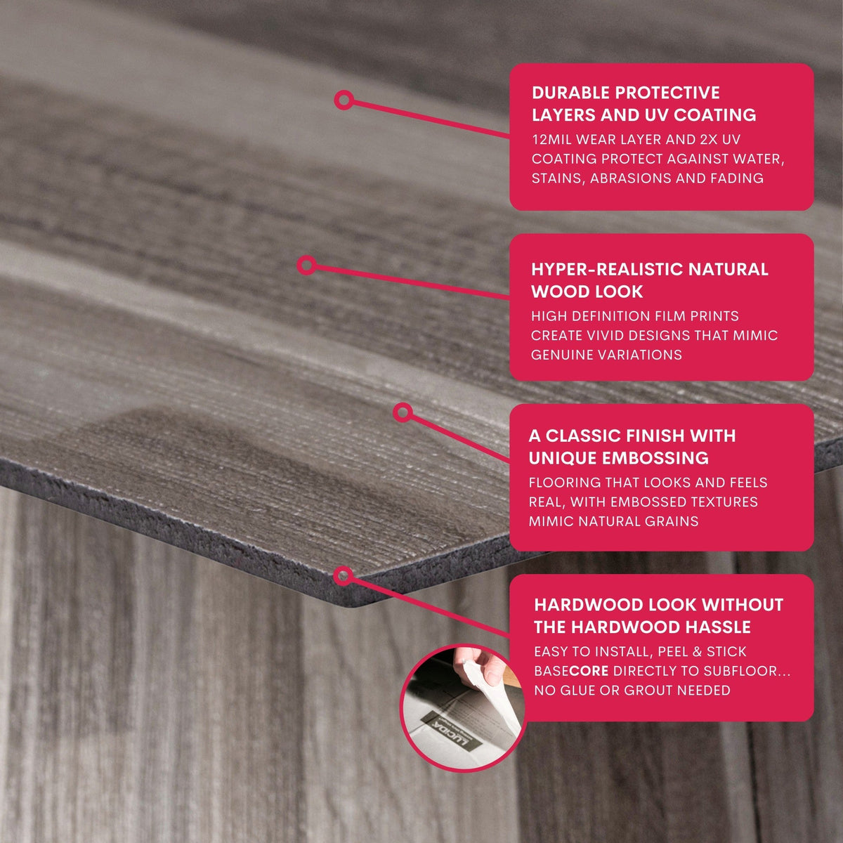 Lucida USA BaseCore Dark Grey Gray 12-mil x 6-in W x 36-in L Waterproof Peel and Stick Vinyl Plank Flooring (54-sq ft/ Piece)