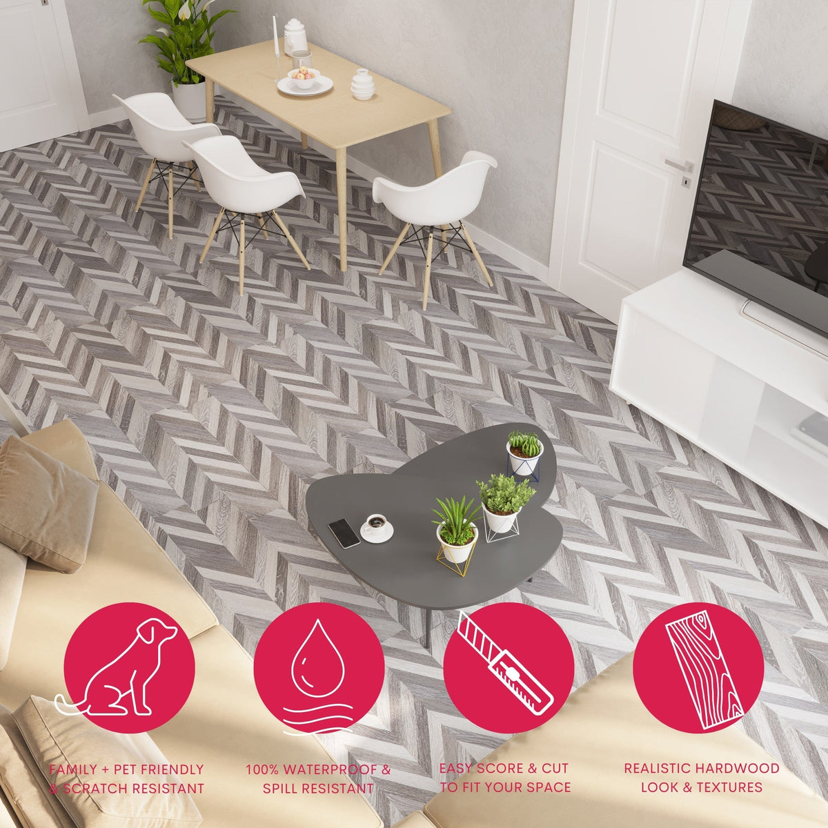 Lucida USA (Sample) BaseCore Grey Chevron Gray Wood Look 12-mil Water Resistant Peel and Stick Vinyl Tile