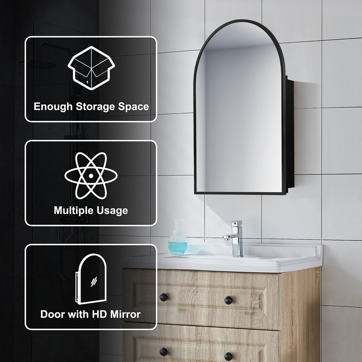 24-in x 36-in Surface/Recessed Mount White Mirrored Arched Medicine Cabinet