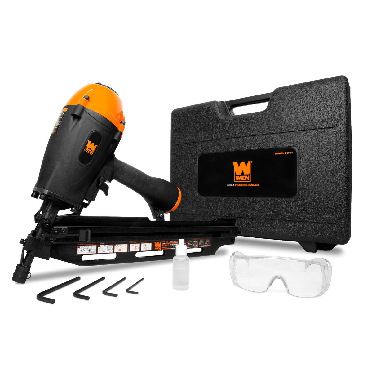 WEN 61731 3-in-1 Pneumatic 21°, 28° & 34° Framing Nailer with Carrying Case