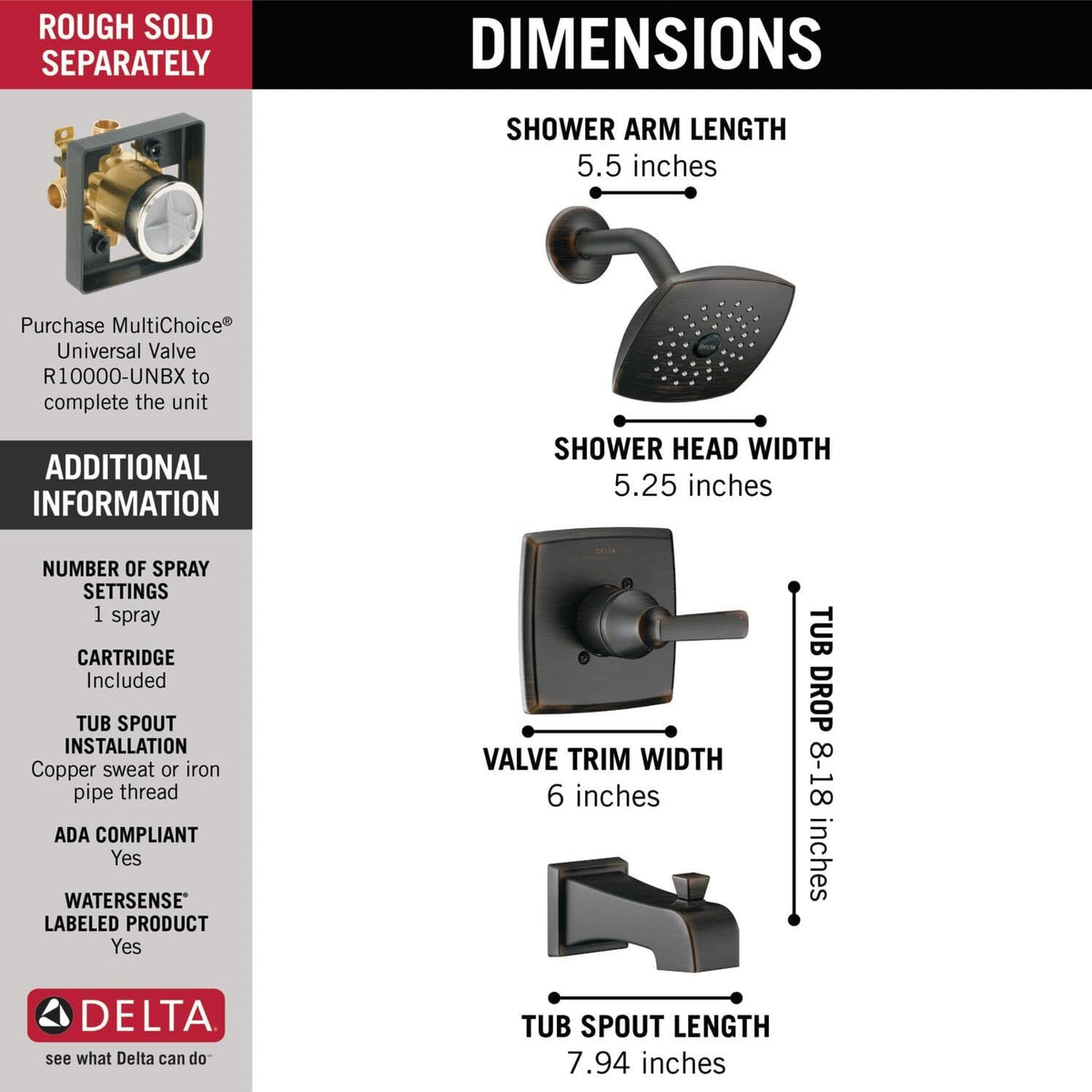 Delta Ashlyn Venetian Bronze 1-Handle Bathtub and Shower Faucet, 14 Series Trim Kit, T14464-RB (Valve Not Included)