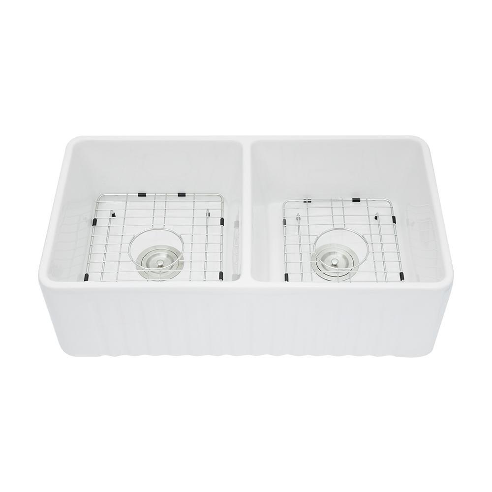 Fireclay 33 in. 50/50 Double Bowl Farmhouse/ Apron-Front Porcelain Ceramic Kitchen Sink in White - Super Arbor