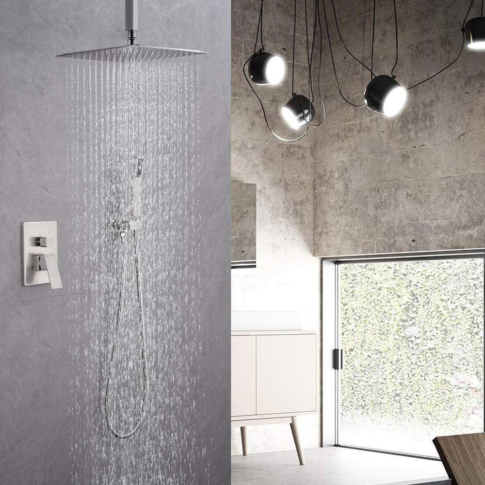 Shower System Ceiling Mounted with 12 in. Square Rainfall Shower head and Handheld Shower Head Set, Brushed Nickel - Super Arbor