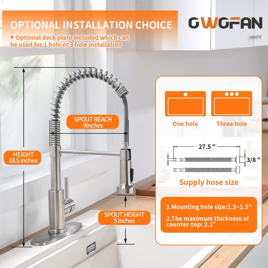 OWOFAN Pull Down Kitchen Faucet, Brushed Nickel Stainless Steel, Single Handle, Dual Function