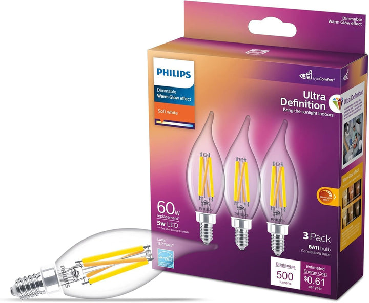 Philips 75-Watt Equivalent BA11 Dimmable Edison Glass LED Candle Light Bulb, Bent Tip, E12 Candelabra Base, Daylight 5000K, 12-Pack