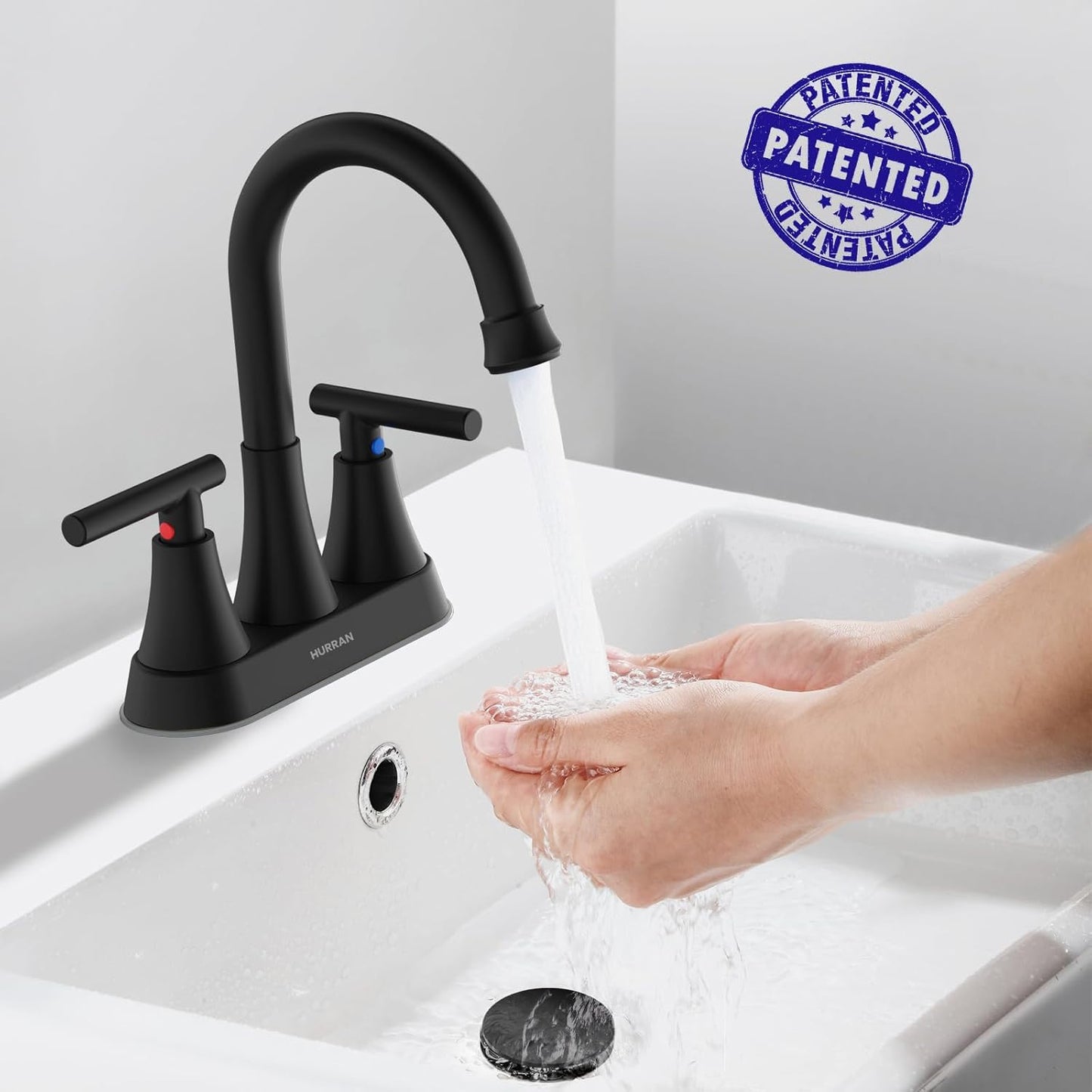 Hurran Matte Black Bathroom Faucet with Pop-up Drain and Supply Hoses