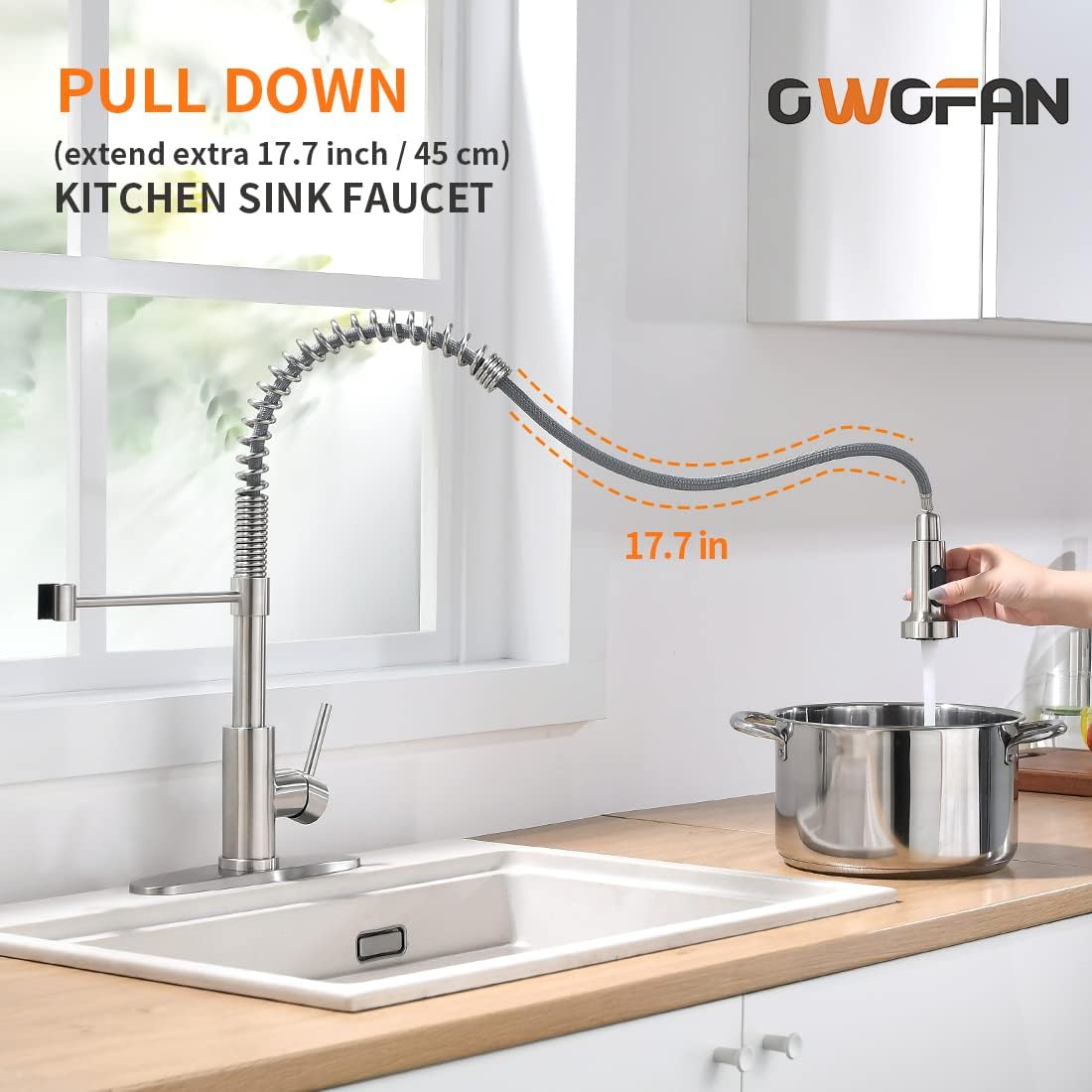 OWOFAN Pull Down Kitchen Faucet, Brushed Nickel Stainless Steel, Single Handle, Dual Function