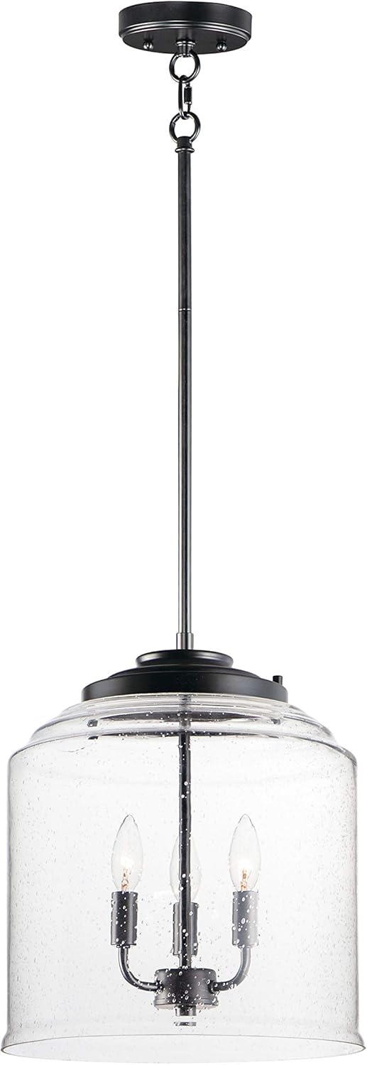 Maxim Lighting Acadia Black Transitional Seeded Glass Bell Pendant Light, 13.75" Diameter x 16" Height, 3-Light