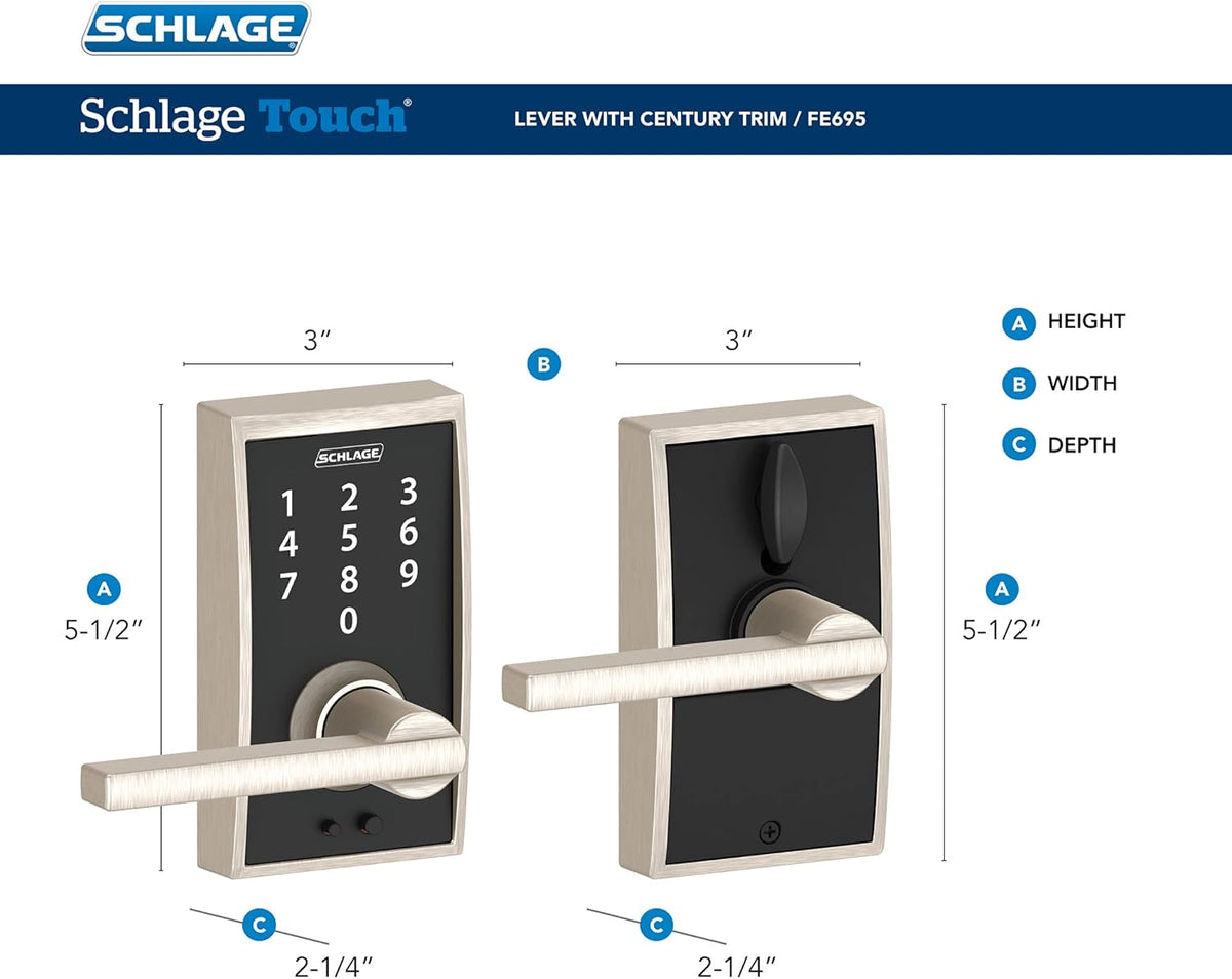 Schlage Century Matte Black Electronic Keyless Door Lock with Latitude Lever, FE695 CEN 622 LAT