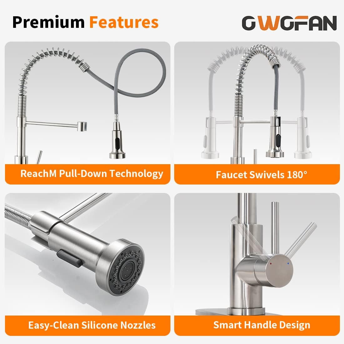 OWOFAN Pull Down Kitchen Faucet, Brushed Nickel Stainless Steel, Single Handle, Dual Function