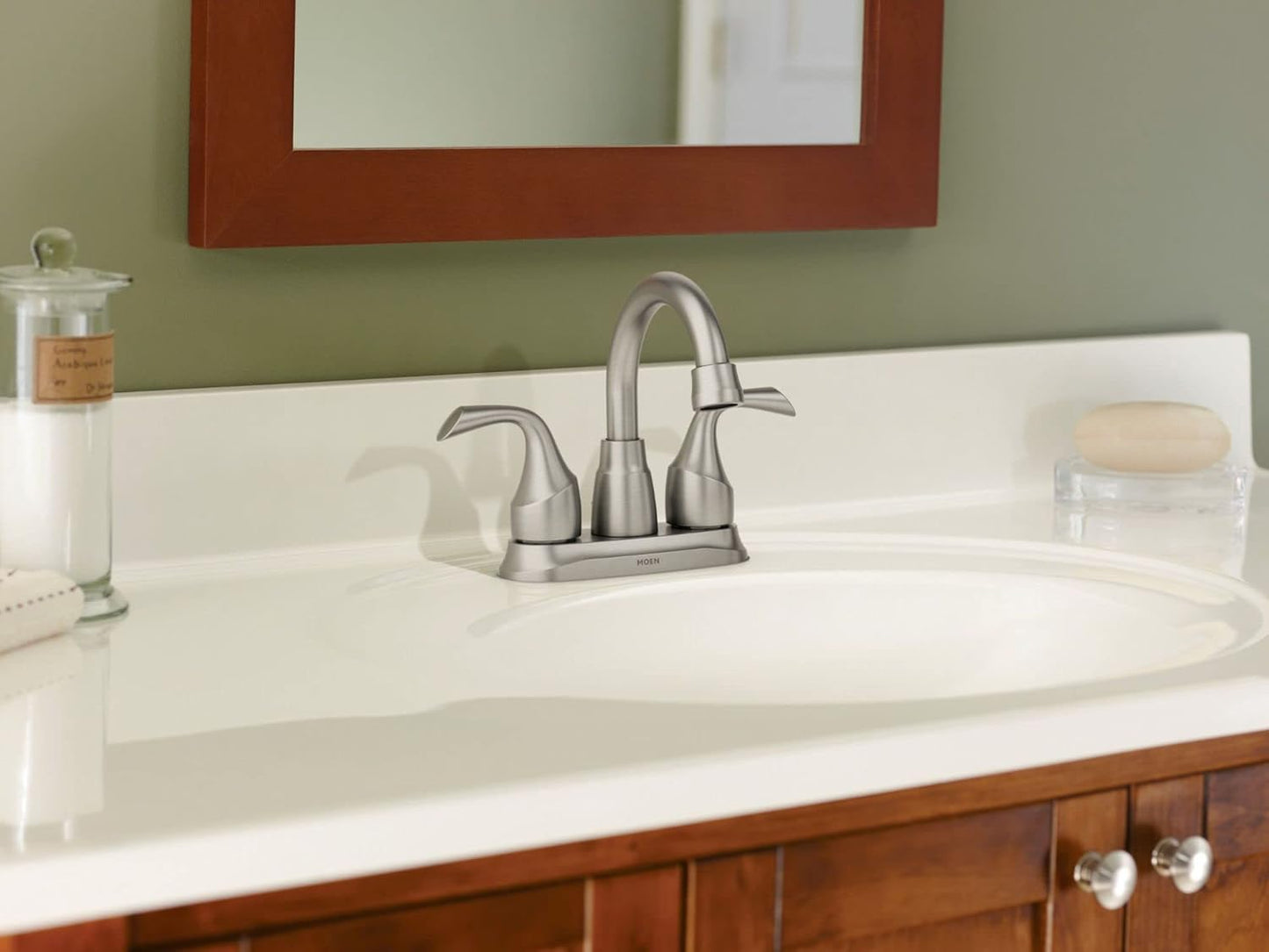 Moen Idora Spot Resist Brushed Nickel Two-Handle Centerset Bathroom Sink Faucet with Drain Assembly