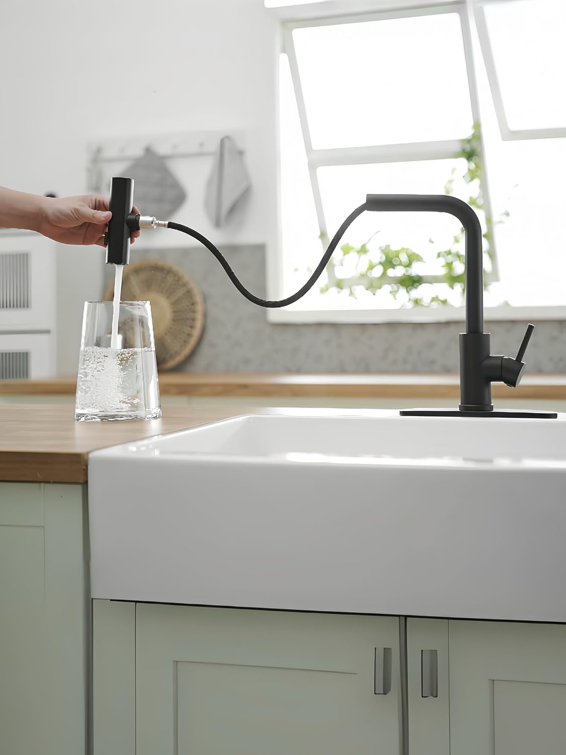 JOOM Black Kitchen Faucet with Pull Down Sprayer, Waterfall Design, Stainless Steel
