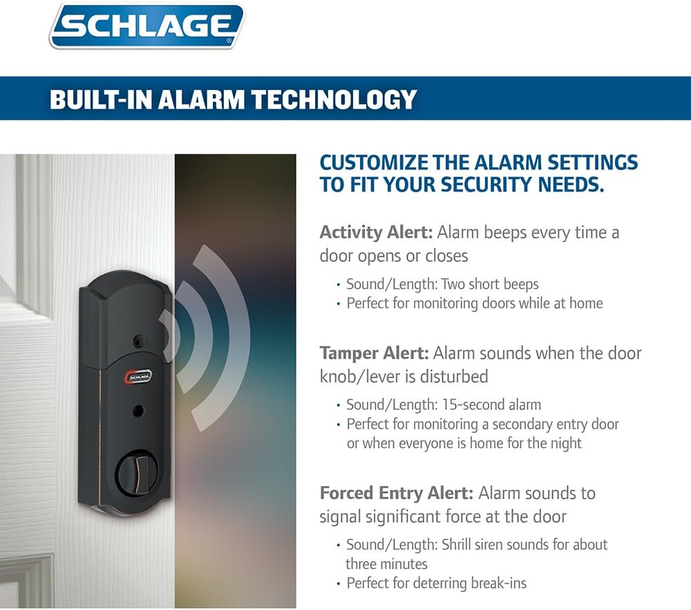 Schlage Camelot Aged Bronze Connect Smart Door Lock with Built-In Alarm and Accent Door Lever, Left-Hand