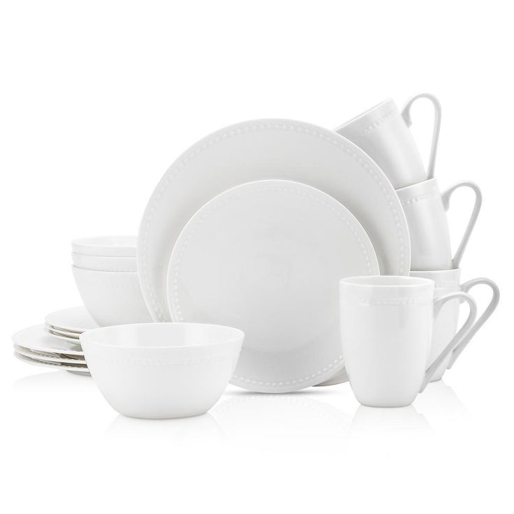 Stone Lain 32 Piece Dinnerware Set, Round Dot Design, White Bone China Sets