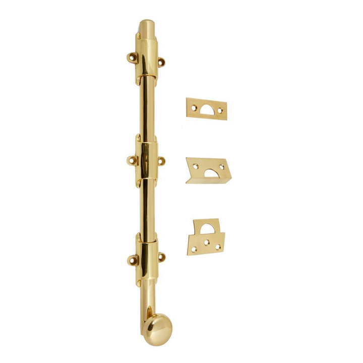 Heavy-Duty 12 in. Solid Brass Surface Bolt with Round Knob in Polished Brass - Super Arbor