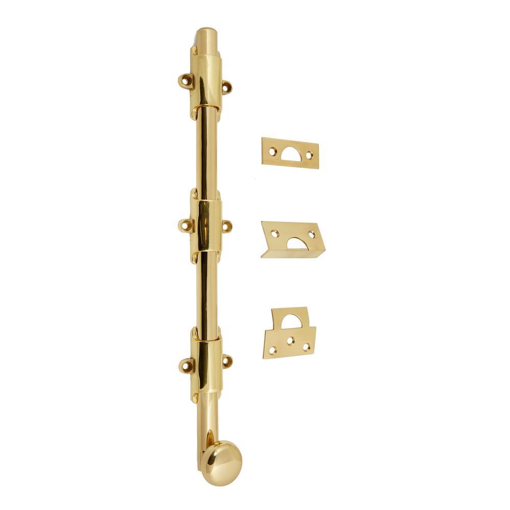 Heavy-Duty 12 in. Solid Brass Surface Bolt with Round Knob in Polished Brass - Super Arbor