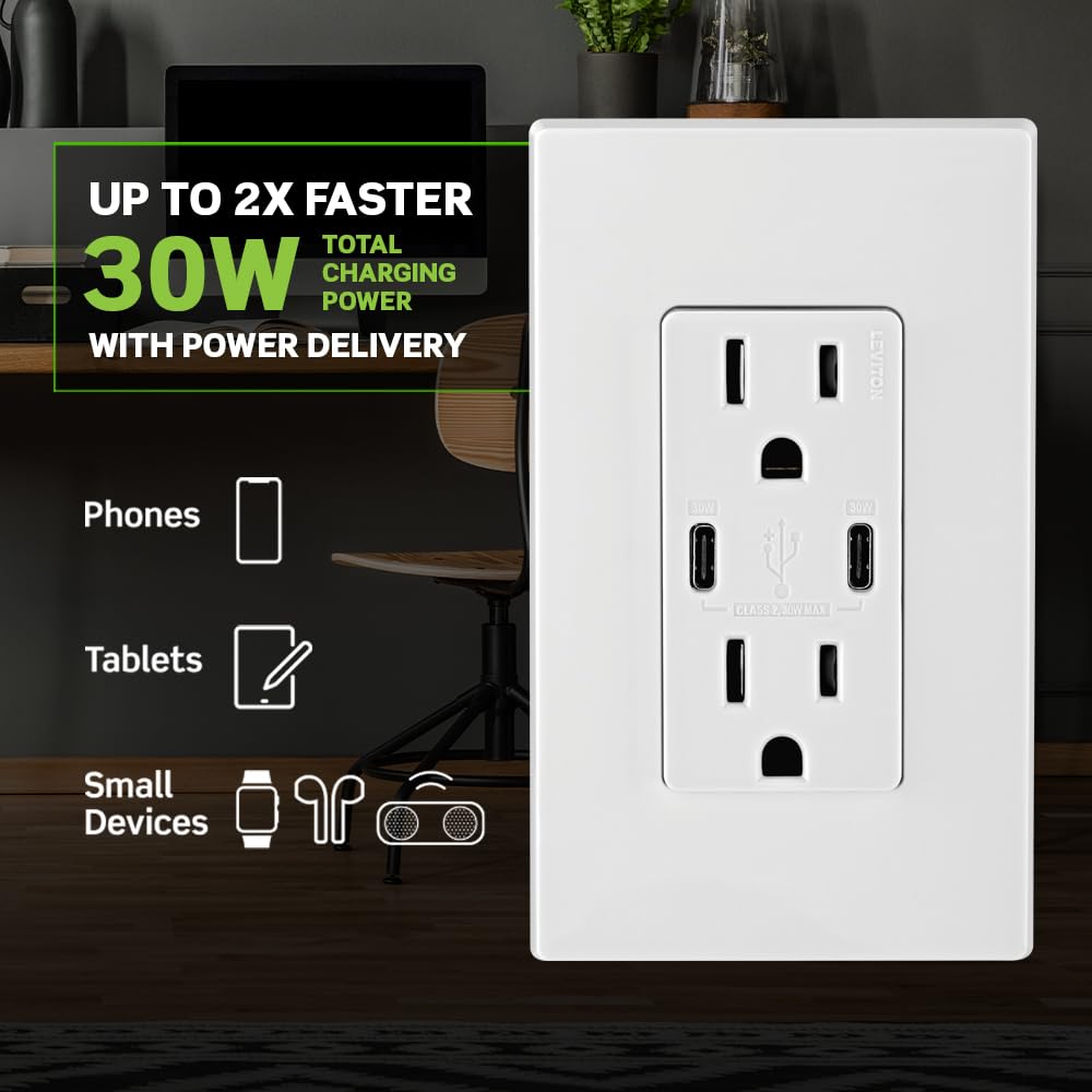 Leviton 30-Watt (6A) Dual USB Type-C Power Delivery In-Wall Charger with 15A 125V Tamper-Resistant Outlet, White (Model T5635-W)