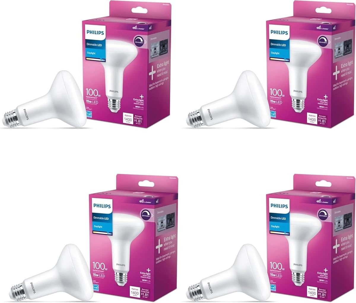 Philips 100-Watt Equivalent BR30 Dimmable LED Light Bulbs, Daylight 5000K, 1400 Lumens, 15W, E26 Base, Frosted – 4-Pack