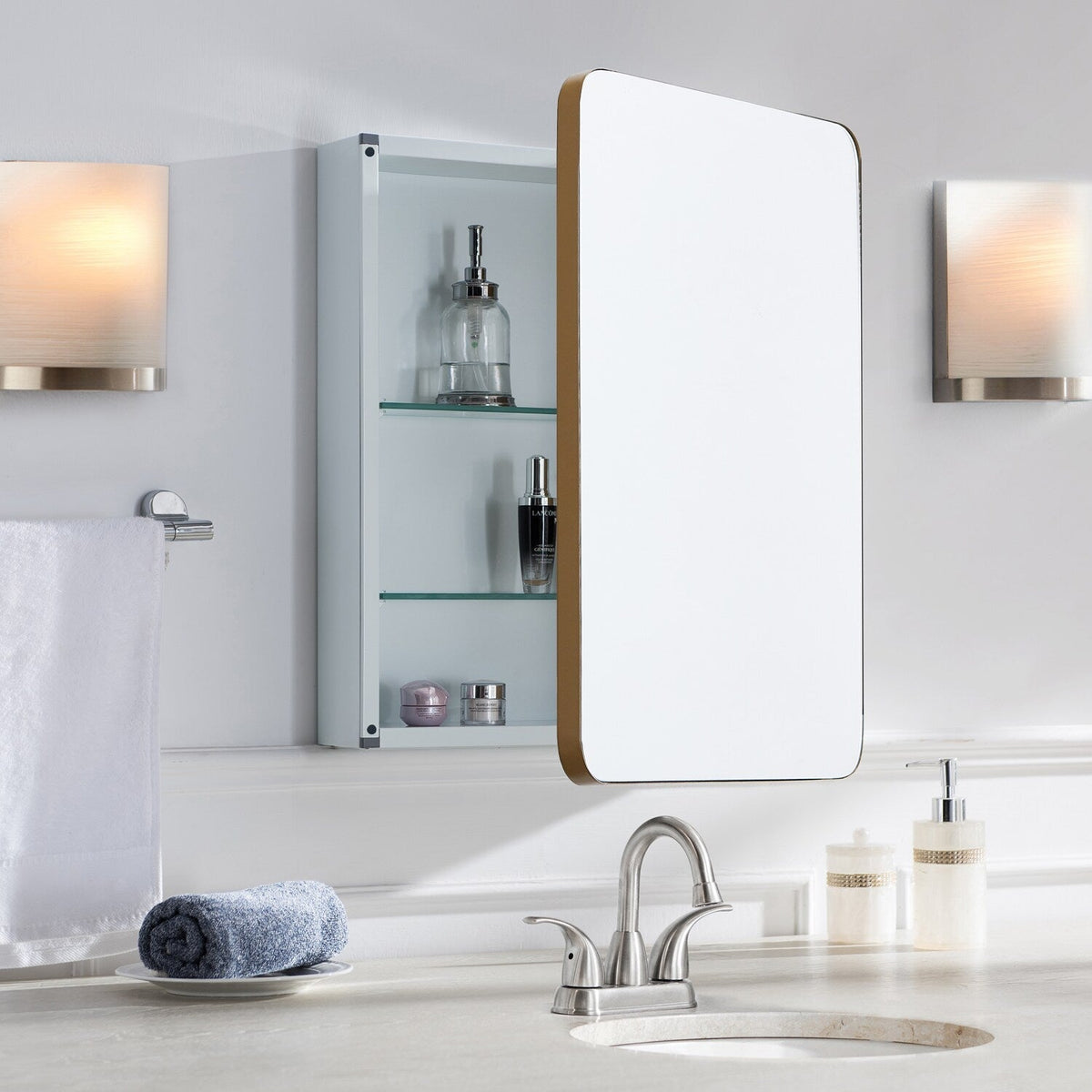 allen + roth 20-in x 26-in Surface/Recessed Mount Gold Mirrored Soft Close Medicine Cabinet