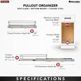 Rev-A-Shelf Single-Tier Pull-Out Basket, 11.5-in W x 6-in H x 22-in D, Chrome, Soft-Close, 100-lb