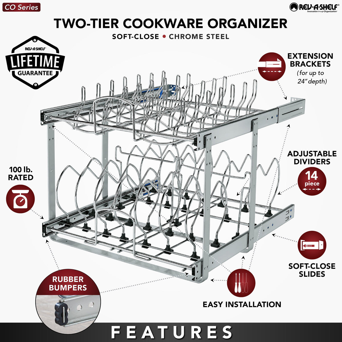 Rev-A-Shelf Two-Tier Pull-Out Cookware Organizer, 20.75-in W x 18-in H, Chrome, Soft-Close