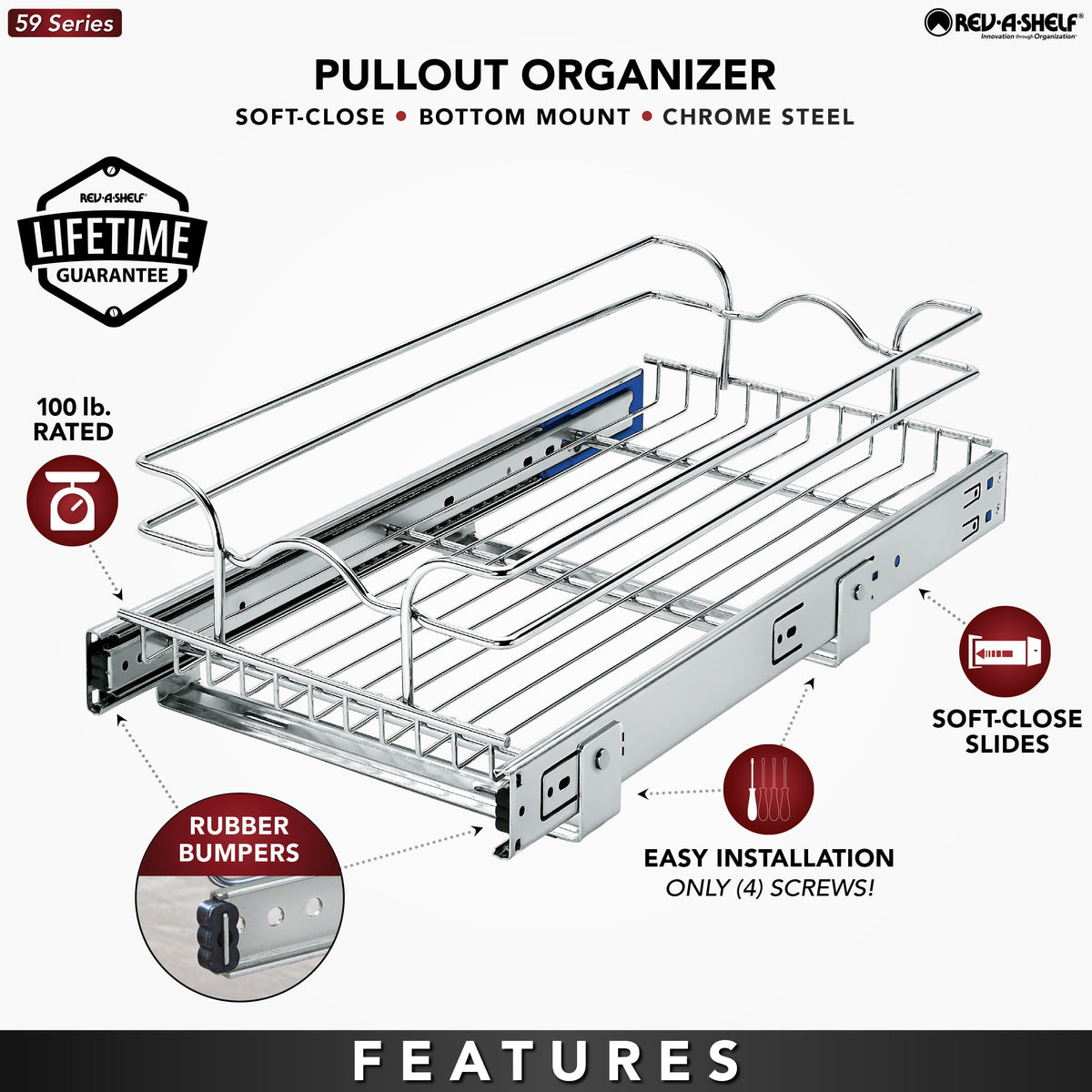 Rev-A-Shelf Single-Tier Pull-Out Basket, 11.5-in W x 6-in H x 22-in D, Chrome, Soft-Close, 100-lb