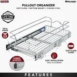 Rev-A-Shelf Single-Tier Pull-Out Basket, 11.5-in W x 6-in H x 22-in D, Chrome, Soft-Close, 100-lb