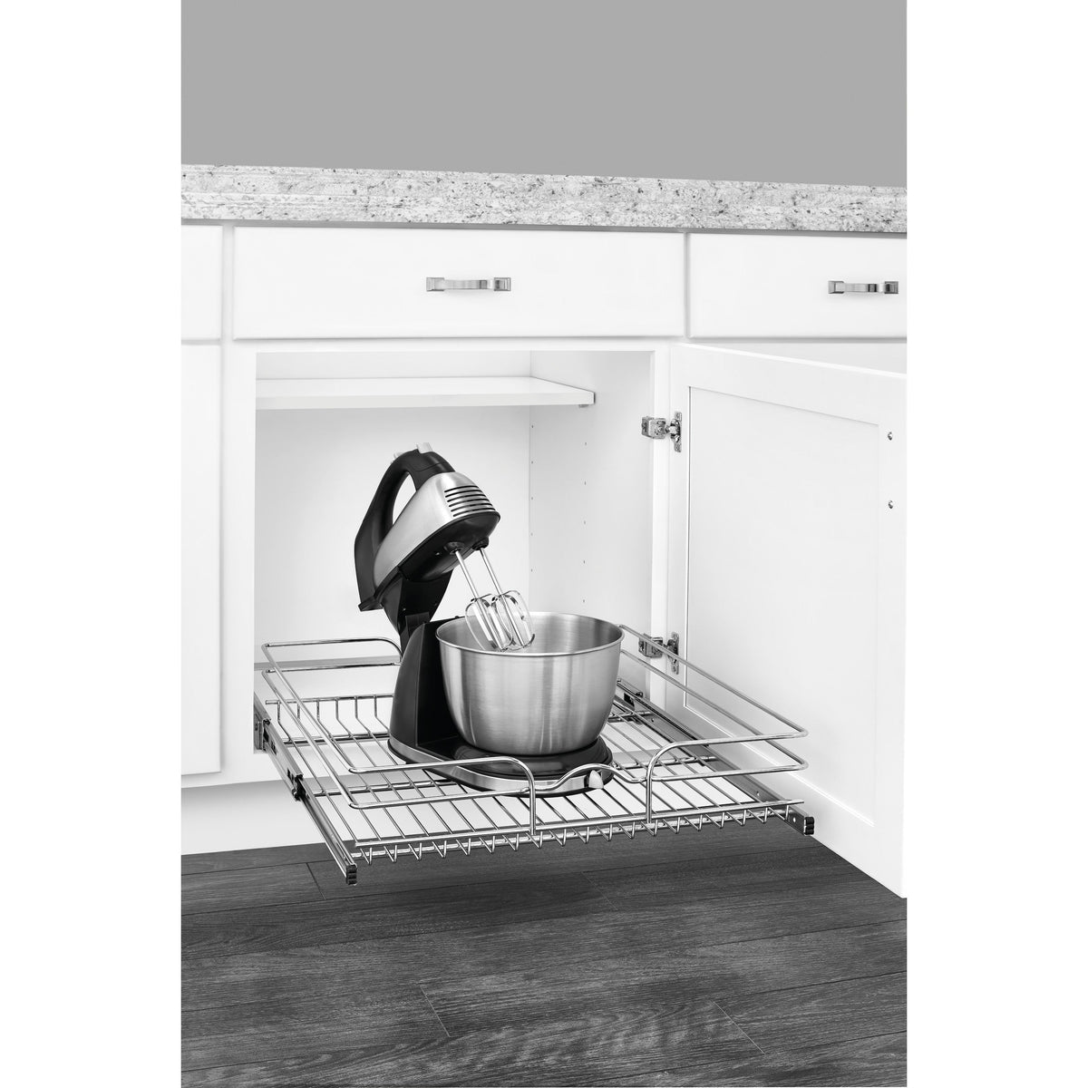 Rev-A-Shelf Single-Tier Pull-Out Basket Organizer, 20.5 in W x 6 in H x 22 in D, Chrome, Soft-Close
