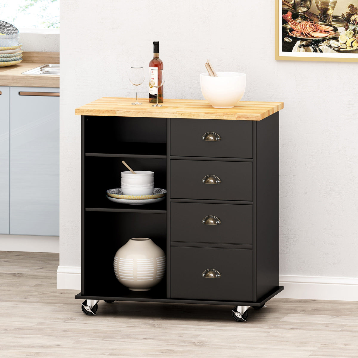 Best Selling Home Decor Black Mdf Base with Wood Top Rolling Kitchen Cart (17.75-in x 31.5-in x 34.5-in)