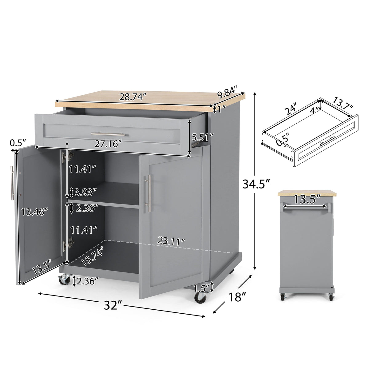 Best Selling Home Decor Gray Mdf Base with Mdf Top Rolling Kitchen Cart (18-in x 32-in x 34.5-in)