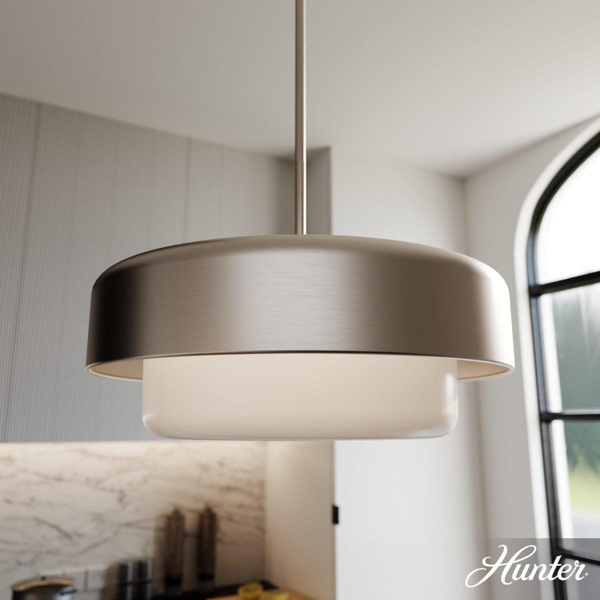 Hunter Station 3-Light Brushed Nickel Modern Frosted Glass Drum LED Medium Hanging Pendant Light