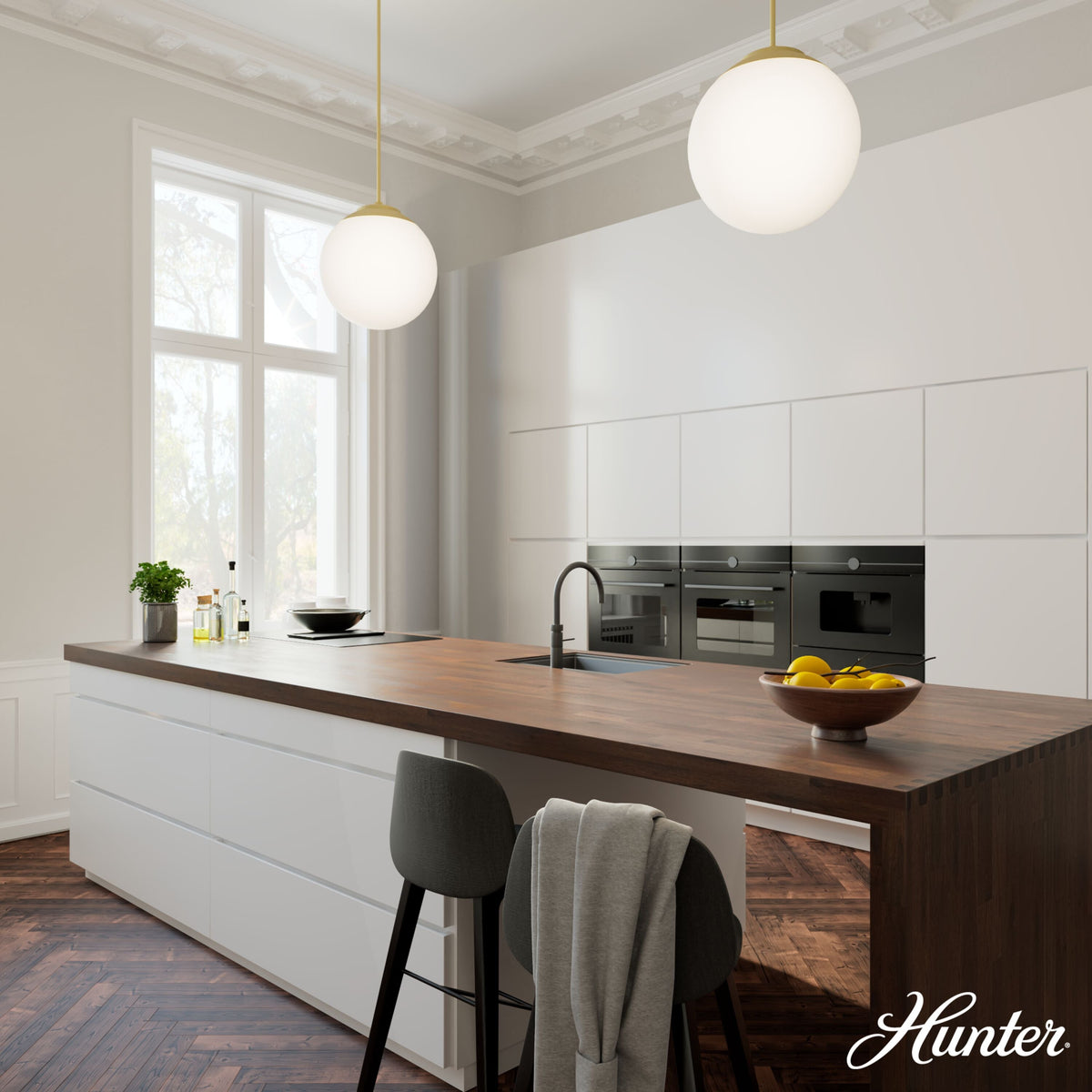 Hunter Hepburn 3-Light Painted Modern Brass Mid-century White Glass Globe LED Medium Hanging Pendant Light