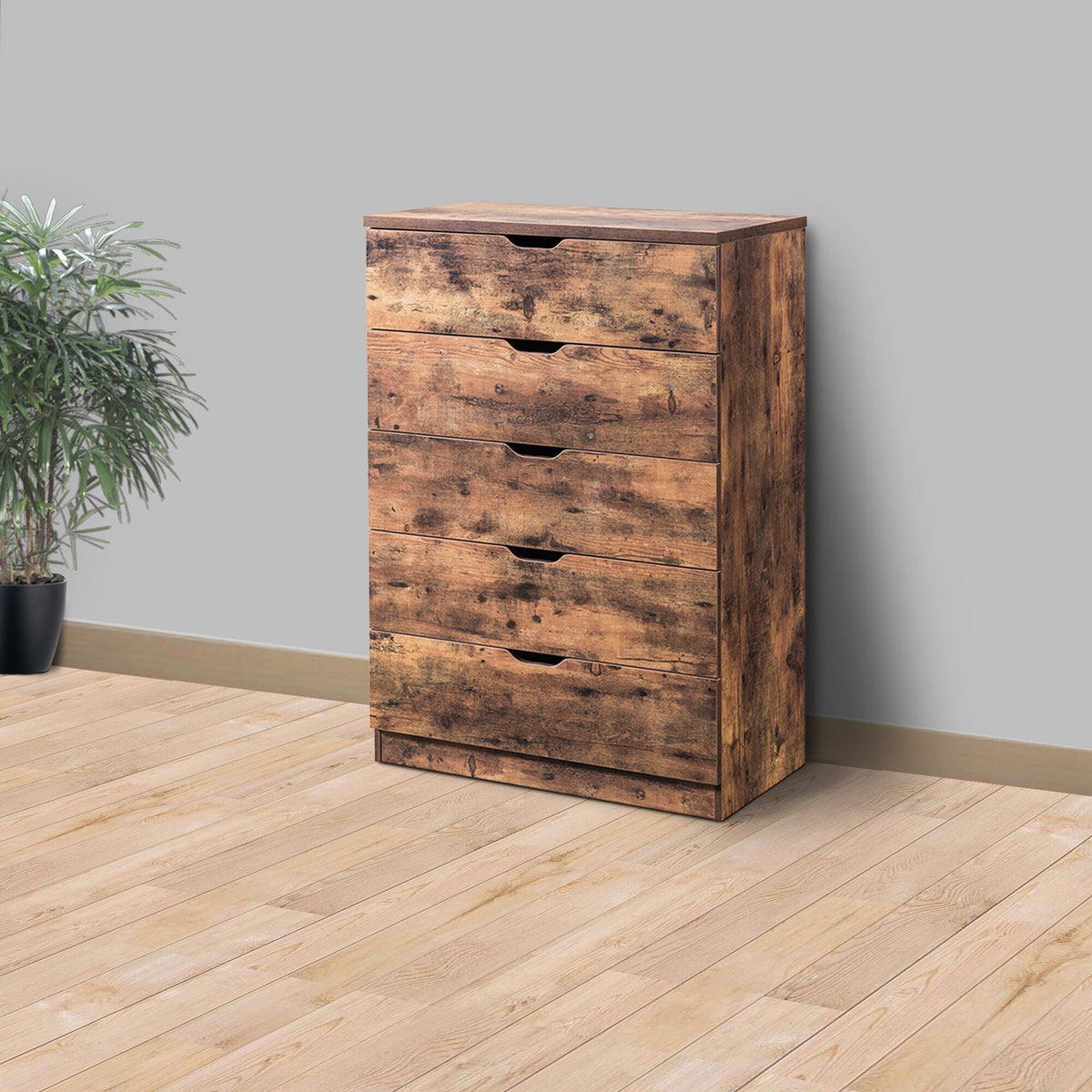 Benzara Contemporary Metal and Wood Utility Chest with 5 Spacious Drawers, Brown