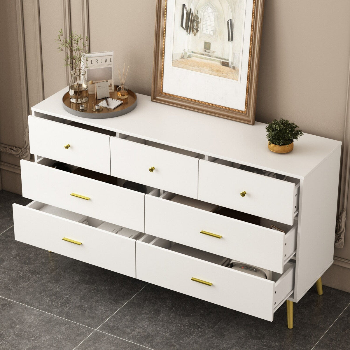FUFU&GAGA Contemporary/Modern White Sideboard with 7 Drawers - Ample Storage Space - Durable Construction - Multi-Purpose Cabinet