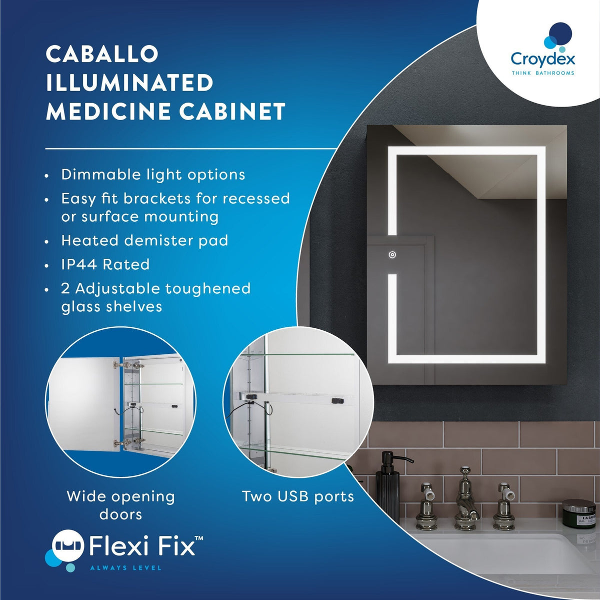 Croydex 20-in x 26-in Lighted LED Fog Free Surface/Recessed Mount Silver Mirrored Soft Close Medicine Cabinet with Outlet