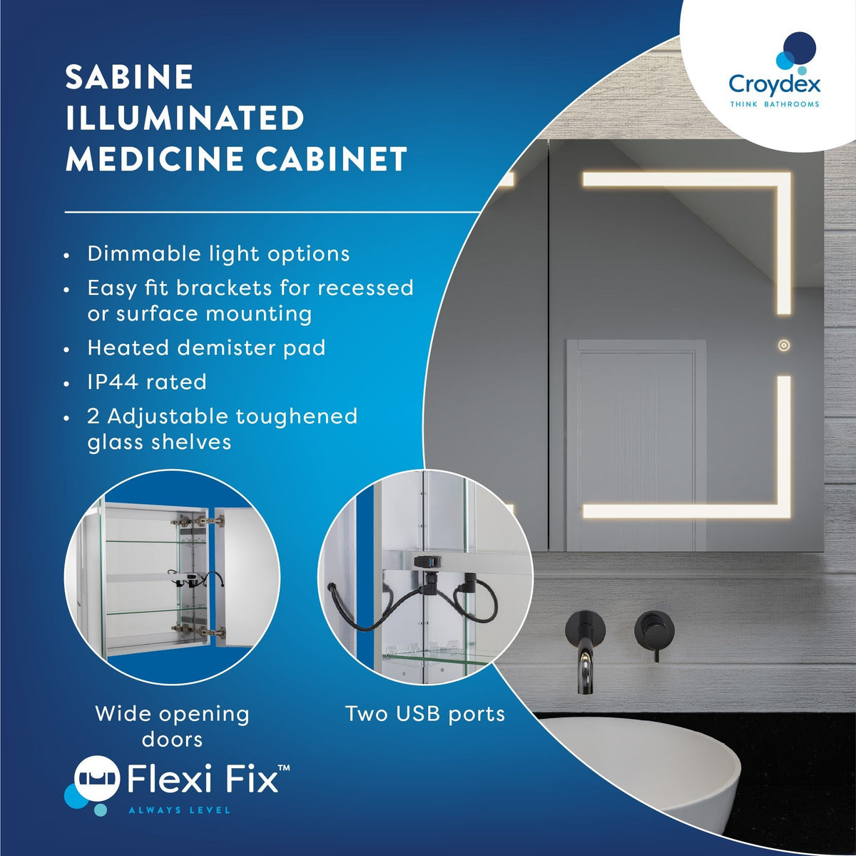 Croydex 30-in x 26-in Lighted LED Fog Free Surface/Recessed Mount Silver Mirrored Soft Close Medicine Cabinet with Outlet