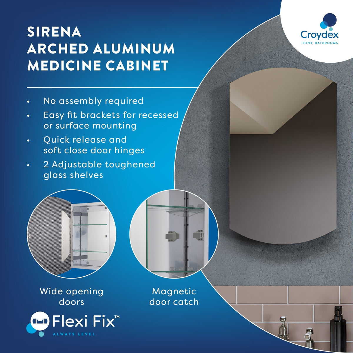 Croydex 16-in x 26-in Surface/Recessed Mount Silver Mirrored Arched Medicine Cabinet