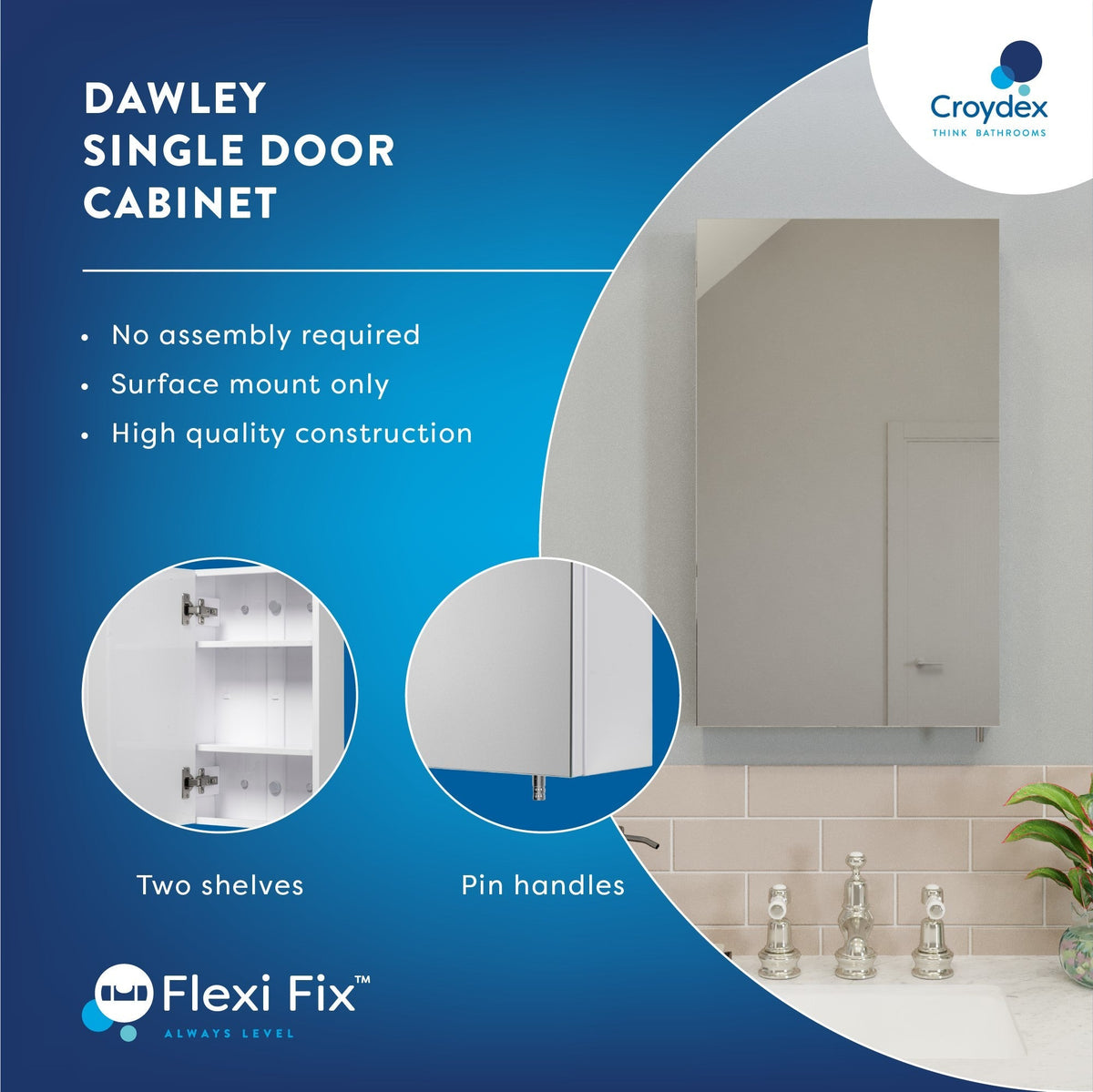 Croydex 16-in x 26-in Surface Mount White Mirrored Medicine Cabinet