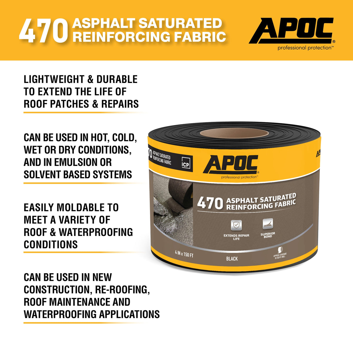 APOC 470 Asphalt-Saturated Reinforcing Roof Fabric, Black, 4-in x 150-ft Roll