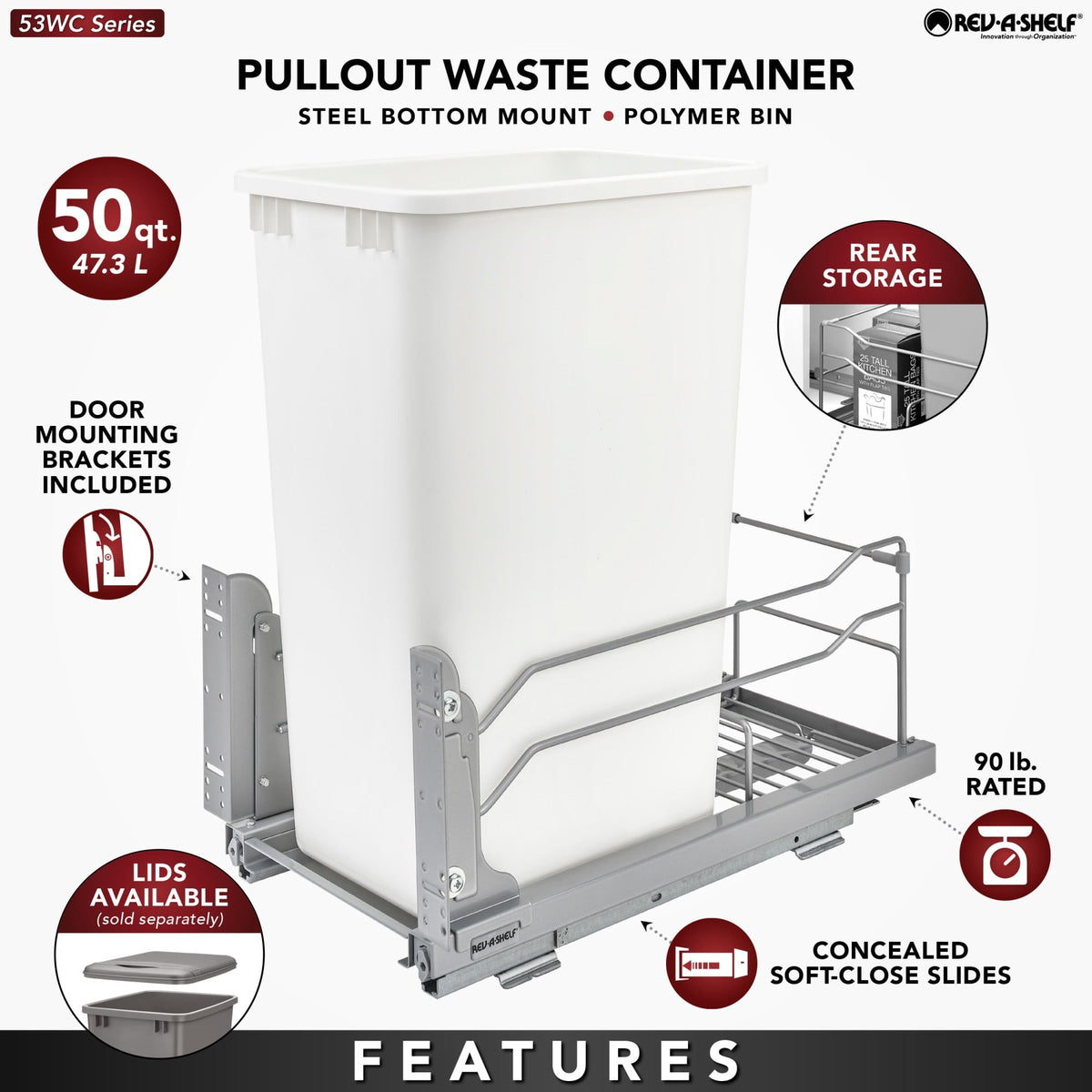 Rev-A-Shelf 11-in x 22-in x 19-in 50-Quart Soft Close Single Pull Out Trash Can