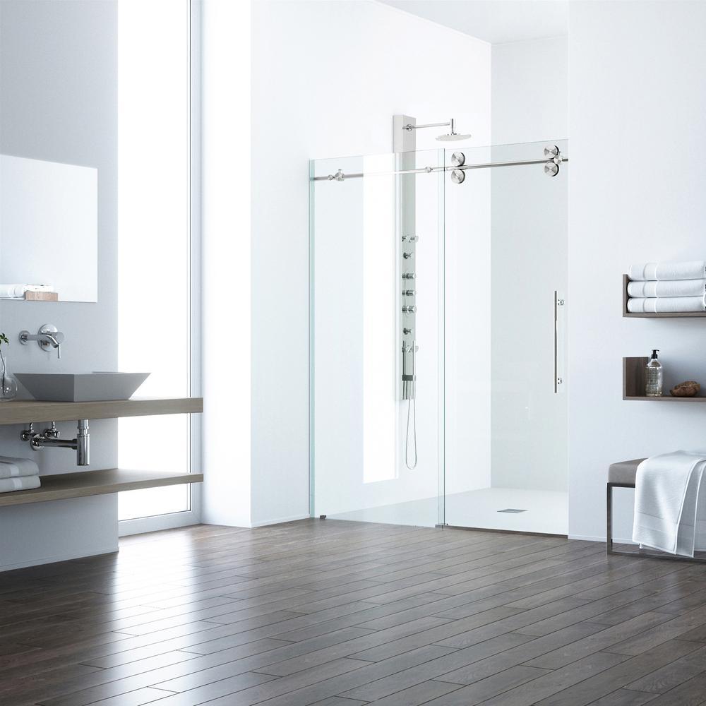 Elan 60 to 64 in. x 74 in. Frameless Sliding Shower Door in Stainless Steel with Clear Glass and Handle - Super Arbor