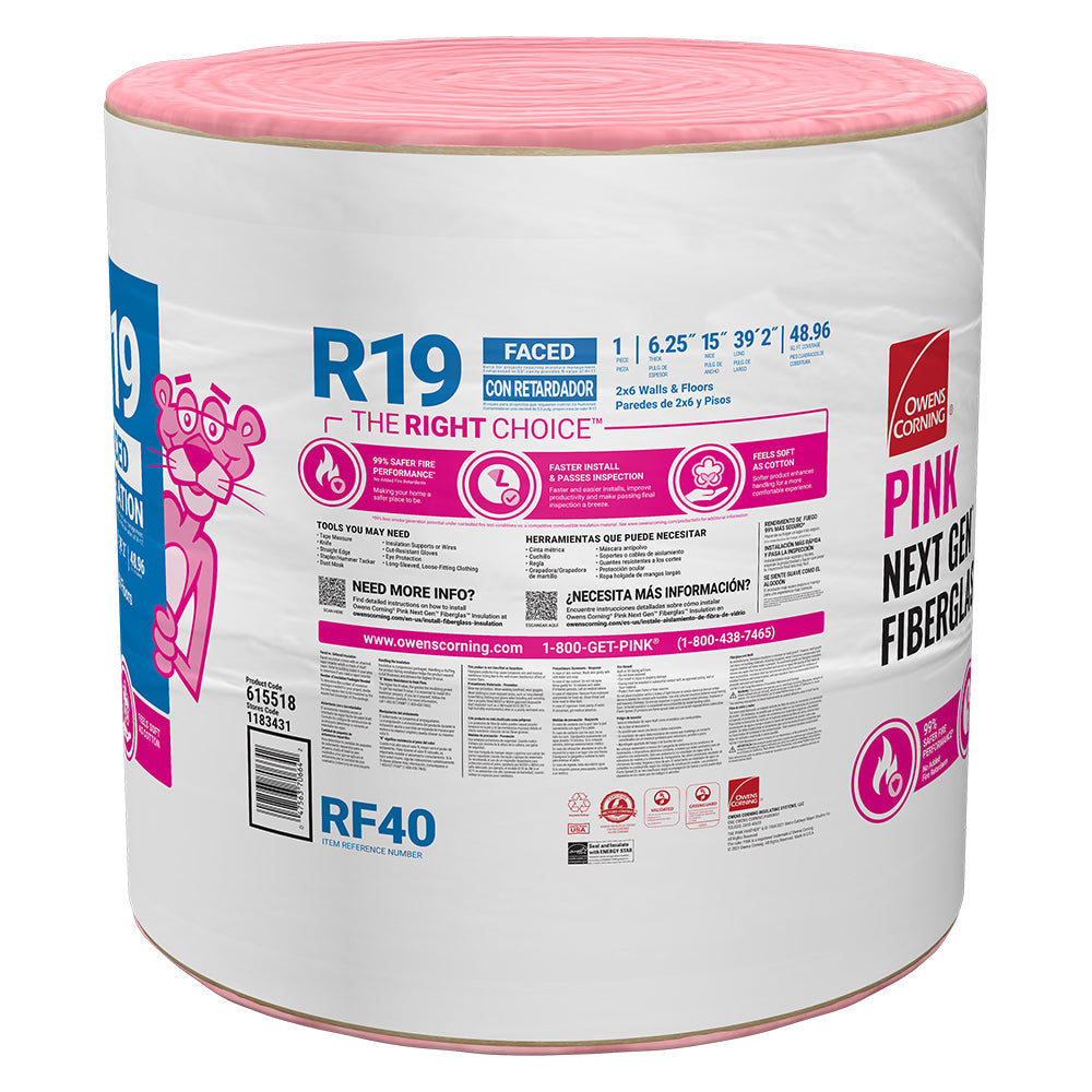 Owens Corning EcoTouch R-19 Kraft-Faced Fiberglass Insulation Roll, 15 in. W x 39.2 ft L, 48.96 sq ft