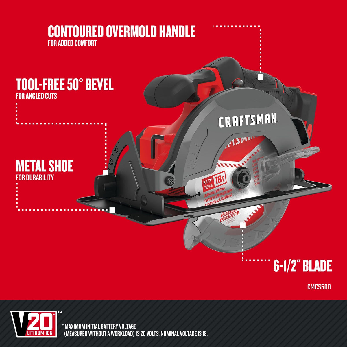 CRAFTSMAN V20 20-Volt Max 6-1/2-in Cordless Circular Saw with Brake and Metal Shoe, Tool Only
