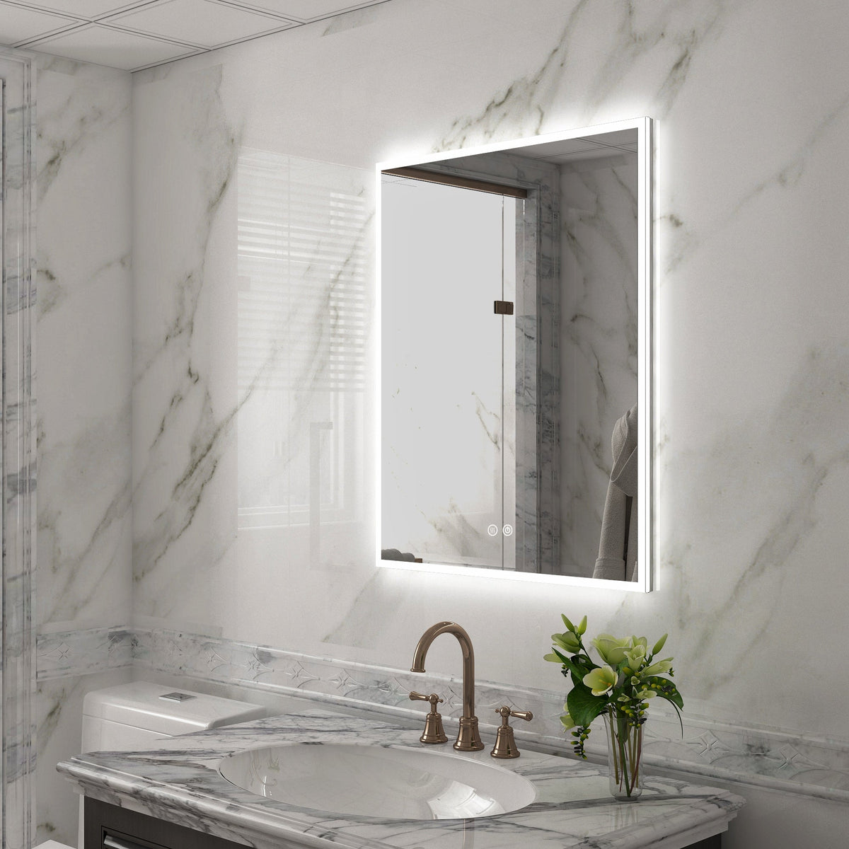 WELLFOR ELIN 24-in x 30-in Lighted LED Fog Free Surface/Recessed Mount Silver Mirrored Soft Close Medicine Cabinet with Outlet