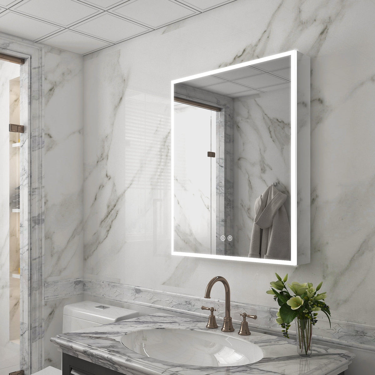 WELLFOR ELIN 24-in x 30-in Lighted LED Fog Free Surface/Recessed Mount Silver Mirrored Soft Close Medicine Cabinet with Outlet
