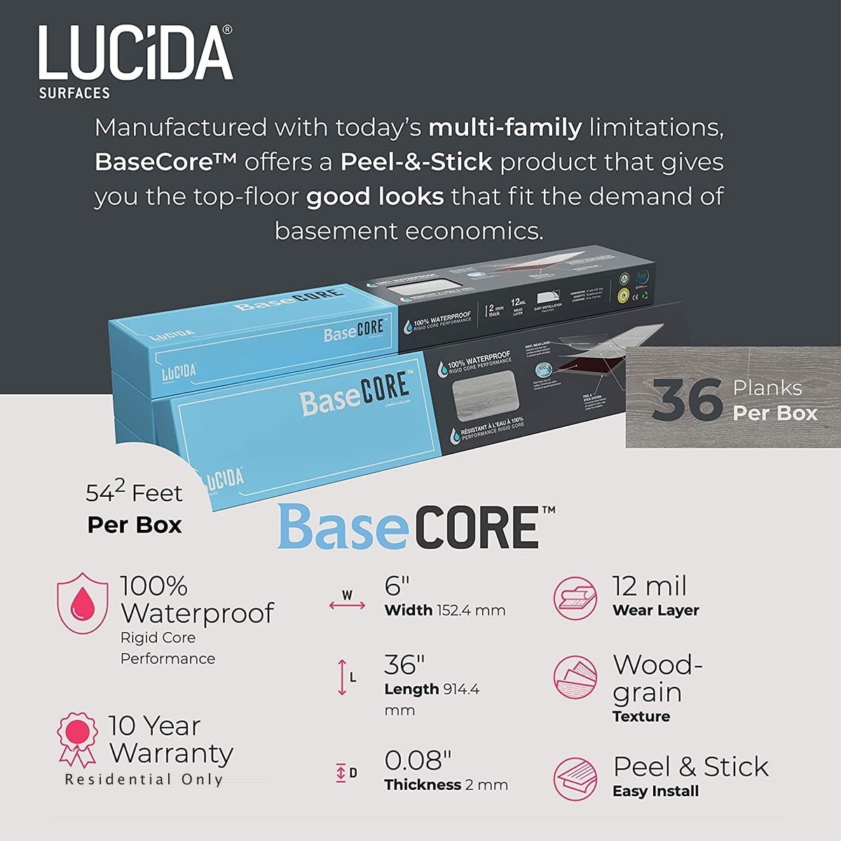 Lucida USA BaseCore Winter Gray 12-mil x 6-in W x 36-in L Waterproof Peel and Stick Vinyl Plank Flooring (54-sq ft/ Carton)